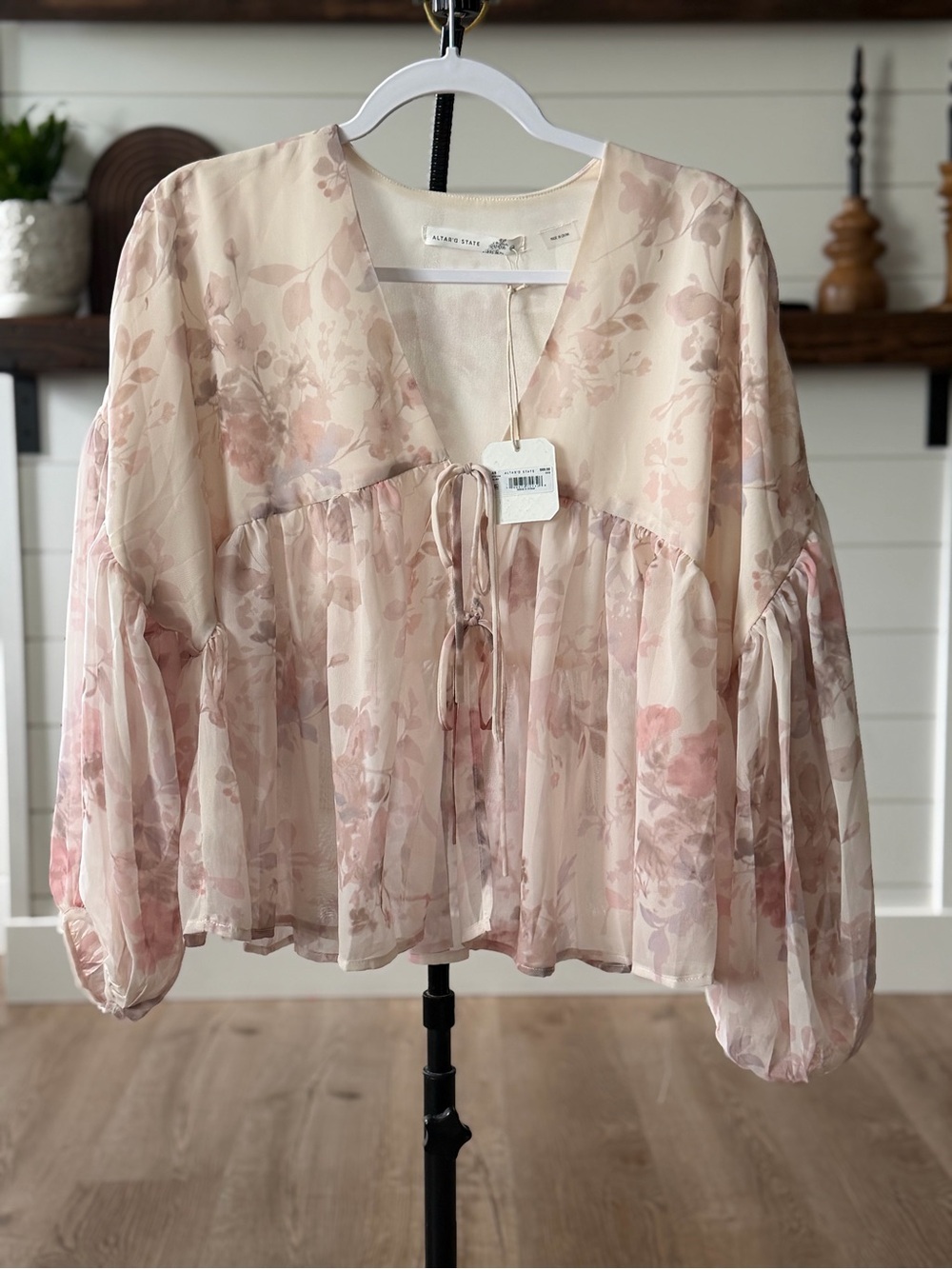 Altar'd State Blush Floral Tie-Front Peasant Blouse